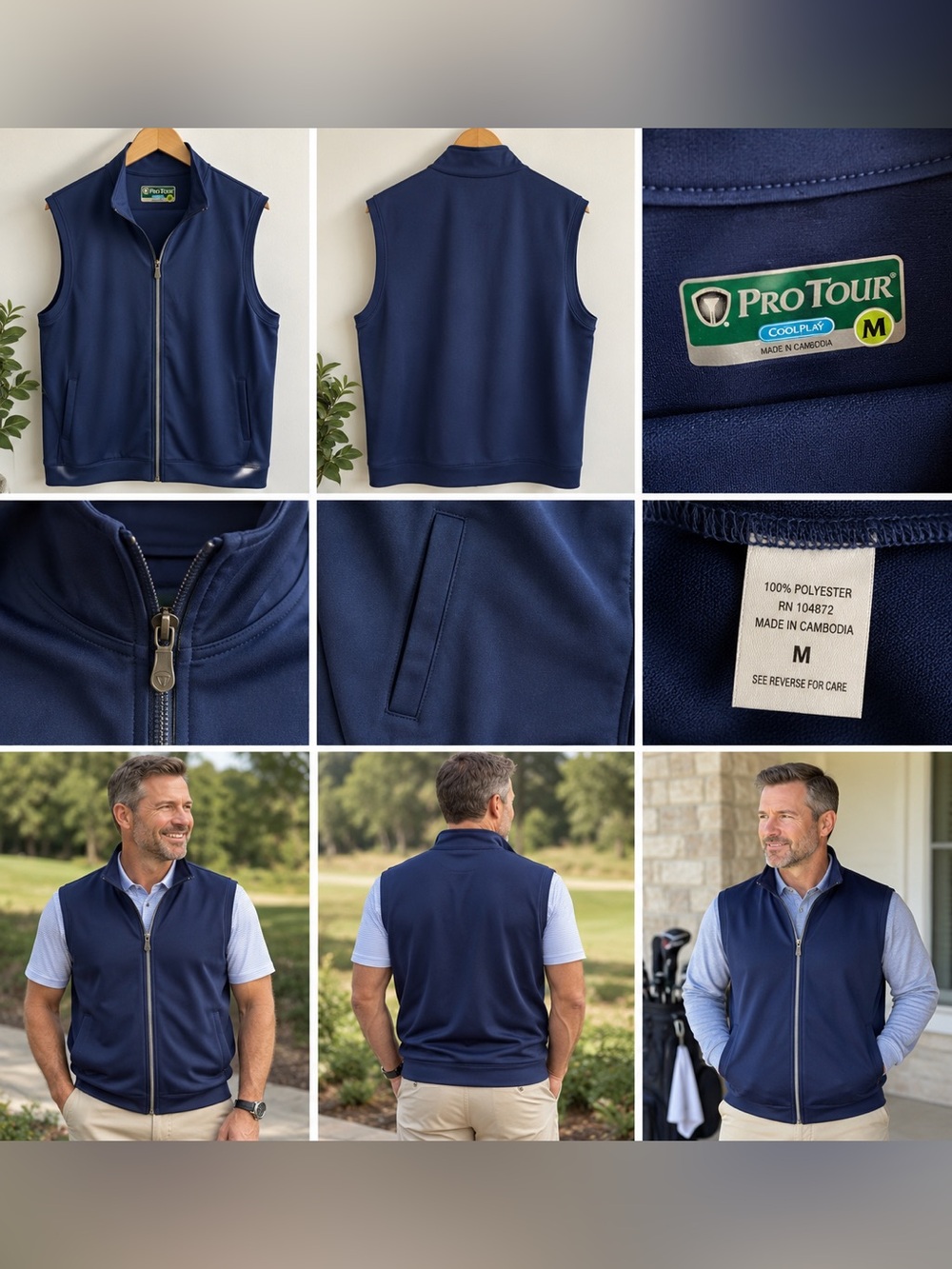 ProTour CoolPlay Men’s Navy Full Zip Golf Vest Size Medium